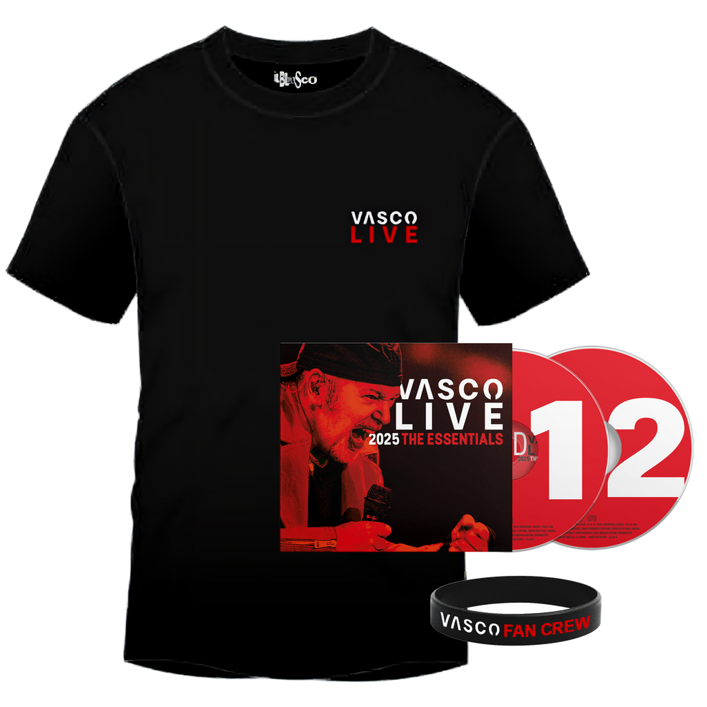 VASCO LIVE 2025 – THE ESSENTIALS | Doppio CD + T-Shirt + Bracciale Vasco Fan Crew